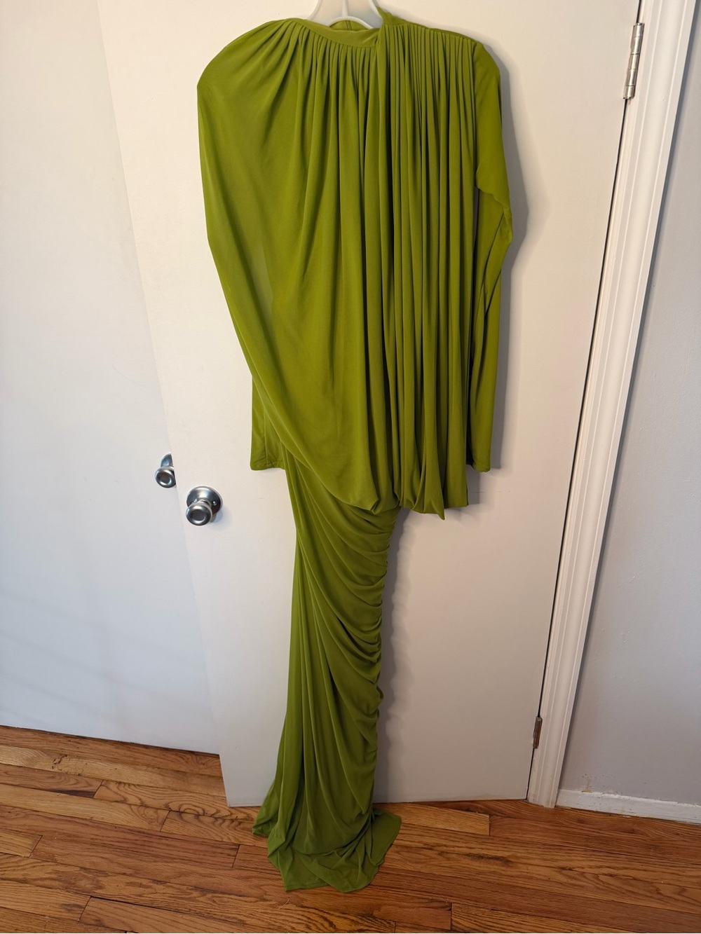 Long-Sleeve Olive Green Draped Evening Gown - Picture 3 of 4